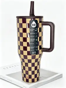 HydroJug 40oz Stainless Steel Insulated Vacuum Flask Bottles - Stylish, Leakproof Flip Lid, Brown Checkered Handle Drinkware, 24H Cold Retention, Car Cup Holder-Friendly Sports Coffee Tumbler