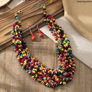 Women's Ethnic Wood Bead Wrap Necklace - Boho Colorful Beaded Choker, Ideal Anniversary Gift for Fashion Accessory Enthusiasts