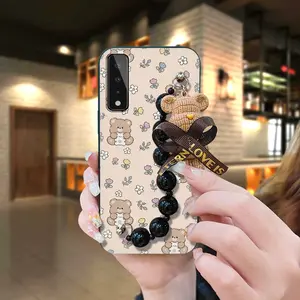 cute Simplicity Phone Case For LG Stylo7 5G silicone Bear bracelet Dirt-resistant Anti-knock Cartoon Waterproof Back Cover Black pearl pendant Skin-friendly feel