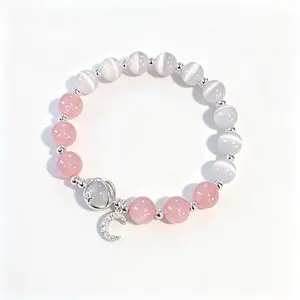 Pink Rose Quartz & Moonglow Glass Beaded Bracelet with Sterling Silver Moon Charm | Aesthetic Coquette Crystal Bracelet for Women & Teen Girls | Cute Y2K Jewelry Gift for Girlfriend, Best Friend, Birthday