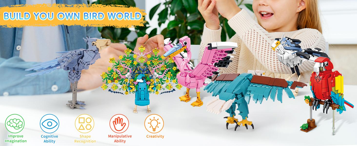 Bird Building Blocks Set 8 Pack Animal Brick Toys, DIY Bird Figures Kit Toucan Crane Seagull Crow, STEM Building Set for Kids Boys Girls, Party Favors Classroom Prizes Easter Gifts Ages 6+