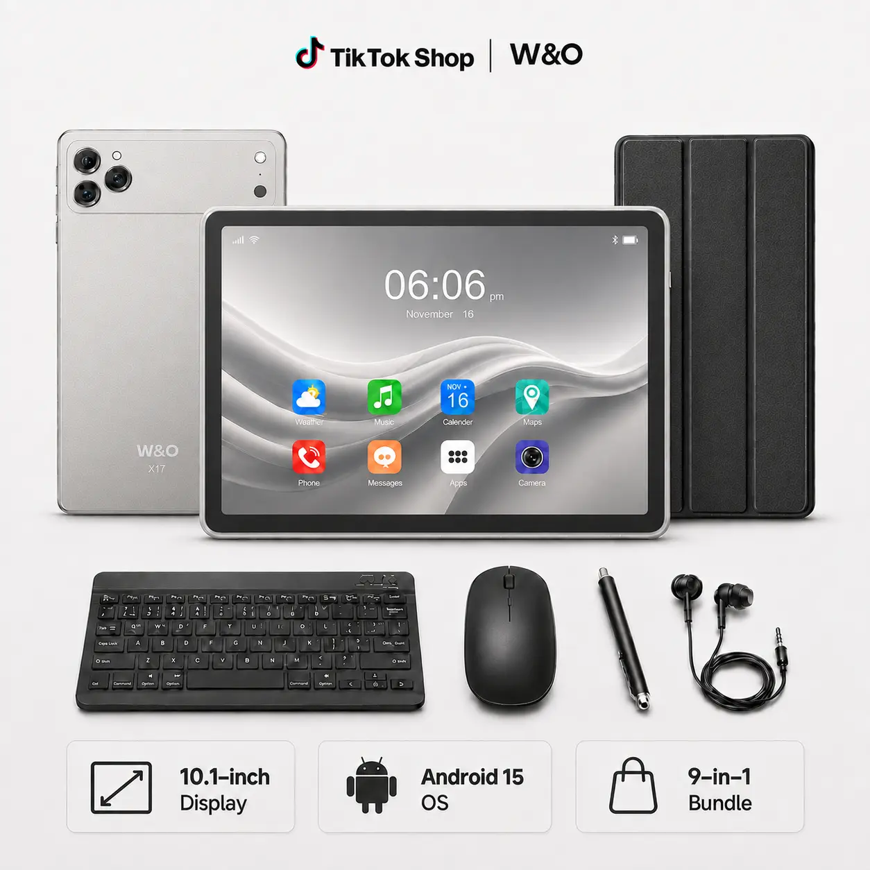 W&O Android 15 Tablet, 10.1/10.95 in, 8GB/12GB RAM + 256GB Expandable Storage, 8000mAh/10000mAh Battery, 9-in-1 Bundle with Keyboard, Mouse, Case, Stylus, Bluetooth Card, Charger, SIM Support, USB, Wireless Streaming, Portable Screen