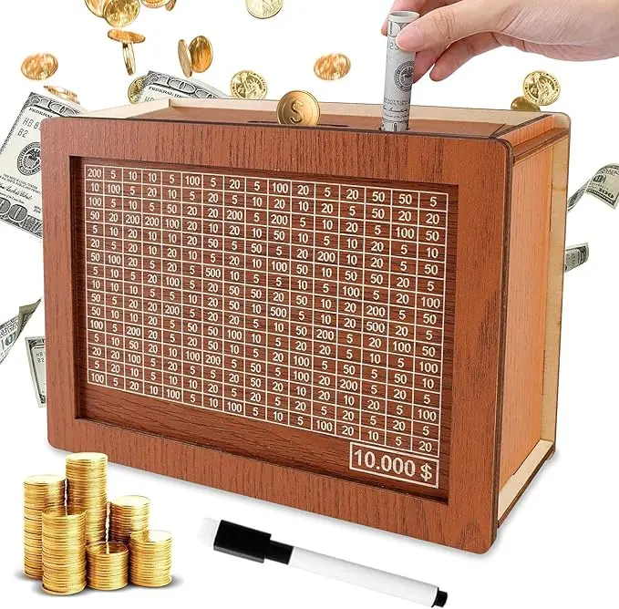 Wooden Cash Saver Money Box, Piggy Bank, Outdoorfun Coin Bank ,Cash Vault Wooden Savings Box with Counter, Money Target, and Numbers, Perfect for $10,000/$2000 Savings Goal, Halloween, and Christmas Gifts.