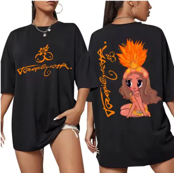 Women's Oversized Tropical T Shirt, 100% Cotton Island Top with Hula Girl Print, Breathable Casual Everyday Black Tee, Tops, Oversized Tshirt Women