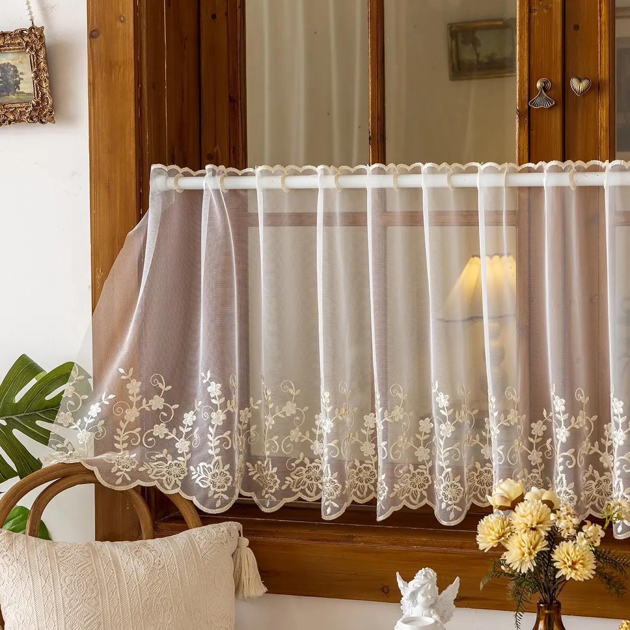 1panel Embroidered Floral Beaded Transparent Curtain, Rod Pocket, Suitable for Living Room, Bedroom, Balcony, Kitchen, Window Decor, Floral Sheer Curtains