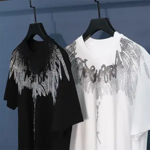 Sequin Cross Angel Wings Letter Print Loose Men's Short Sleeve T-Shirt Casual Crewneck