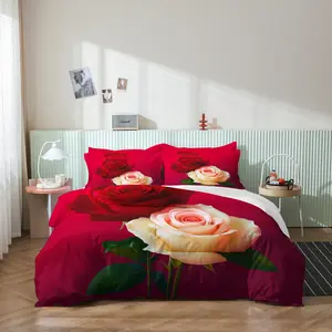 3pcs Duvet Cover,Spring Summer New Valentine'S Day Romantic Rose Flower Design Theme Pattern,without Filling Fabric Soft and Comfortable,Suitable for Bedroom, Hotel, Valentine's Day Gift, (1*Duvet Cover + 2 Pillowcases，No Core)