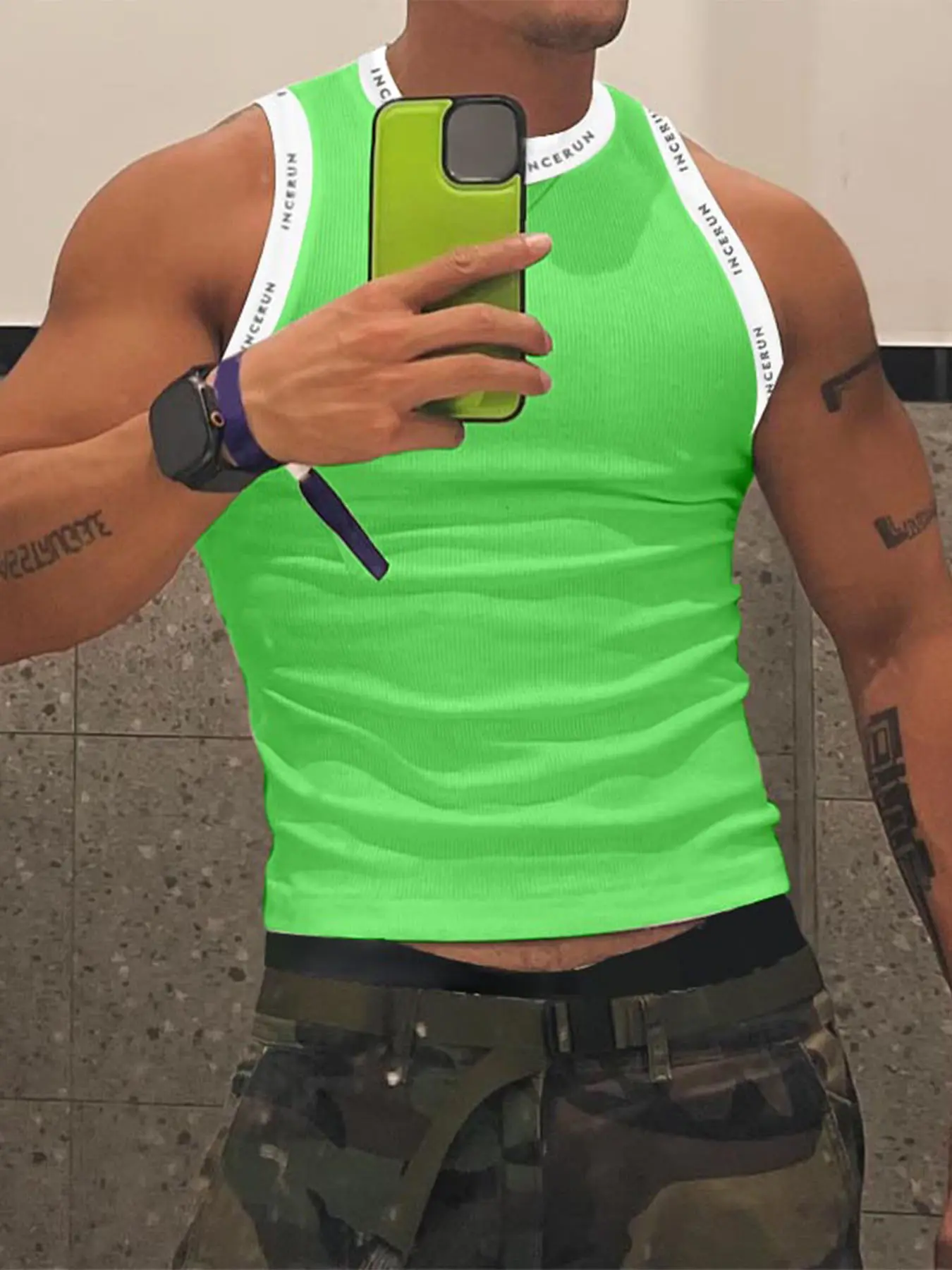 INCERUN  Men's Fashion Slim Fit Sports Vest, Sleeveless Digital Print Patchwork Design, Suitable for Daily Fitness Wear, Athletic Tank Top