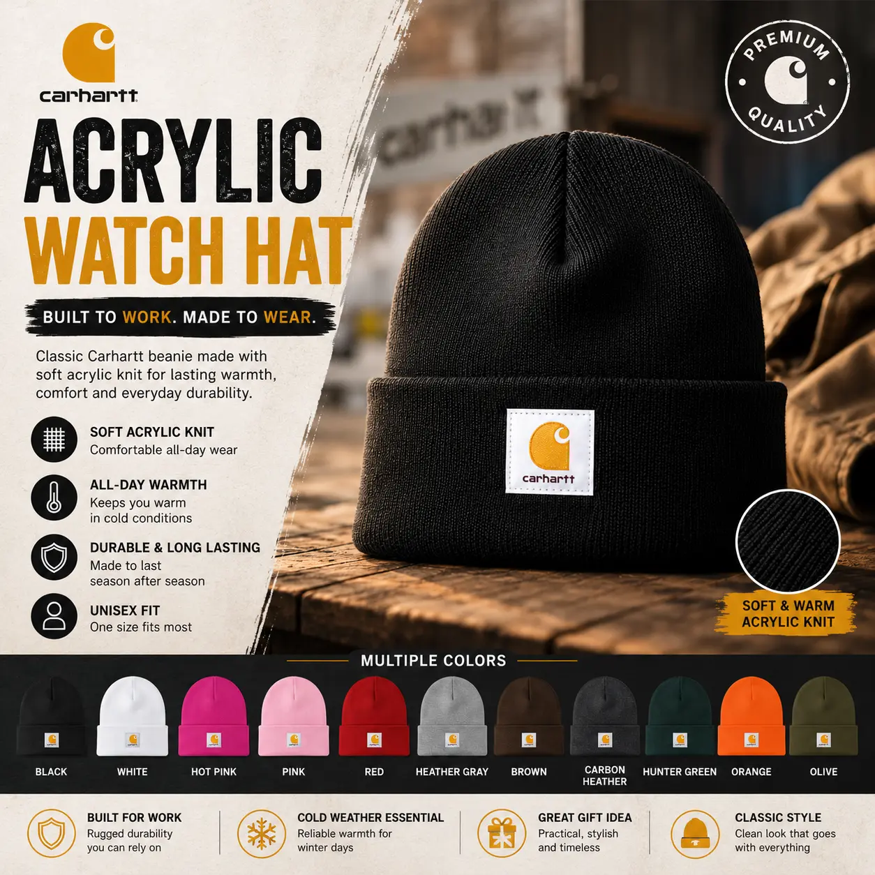 Carhartt Acrylic Watch Beanie, Classic Knit Winter Hat for Men & Women, Warm Stretch Cuffed Cap, Outdoor Hunting Fishing Hiking Snowboarding Ski Beanie, Durable Workwear Streetwear Fashion Hat, One Size Fits Most Adults