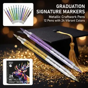 Metallic Marker Pens for Graduation Cap DIY & Guest Book - Dual Tip Brush & Fine Point Craftwork Pens, Permanent Shimmering Markers for Signing Mortarboard, Fabric, Card Making GraduationGift