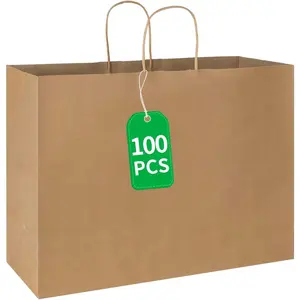 100 Pack 16x6x12 Inches Large Plain  Brown  Paper Bags with Handles Bulk for Shopping Wedding Grocery Retail Merchandise Business Craft  Bags(100 Count)