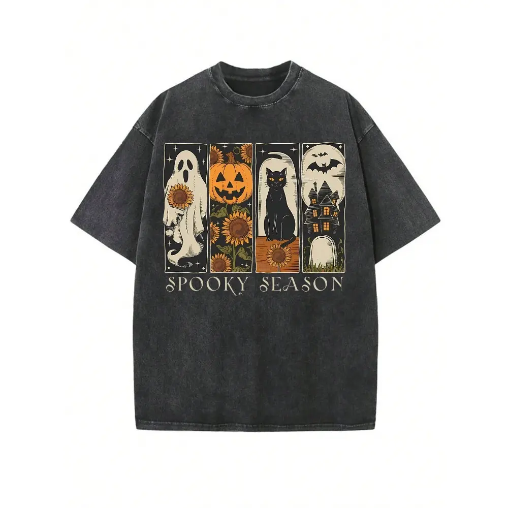 Halloween Vintage Washed Oversized T-Shirt – Spooky Pumpkin Witch Beer Graphic Tee, Fall Casual Casual Wear, Gift for Beer Lovers