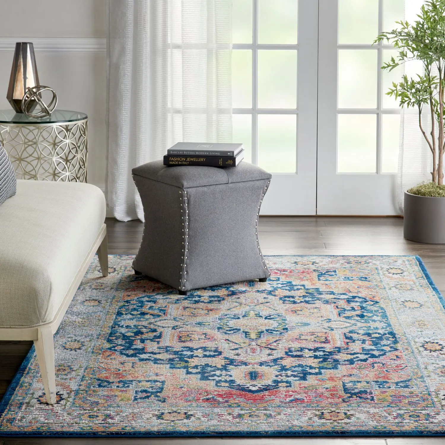 Nourison Global Vintage Distressed Pattern Richly Colorful Center Medallion Indoor Area Rug - High-Low Carved Pile, Room Decor Essential, Suitable for Entryways, Distressed Patterns