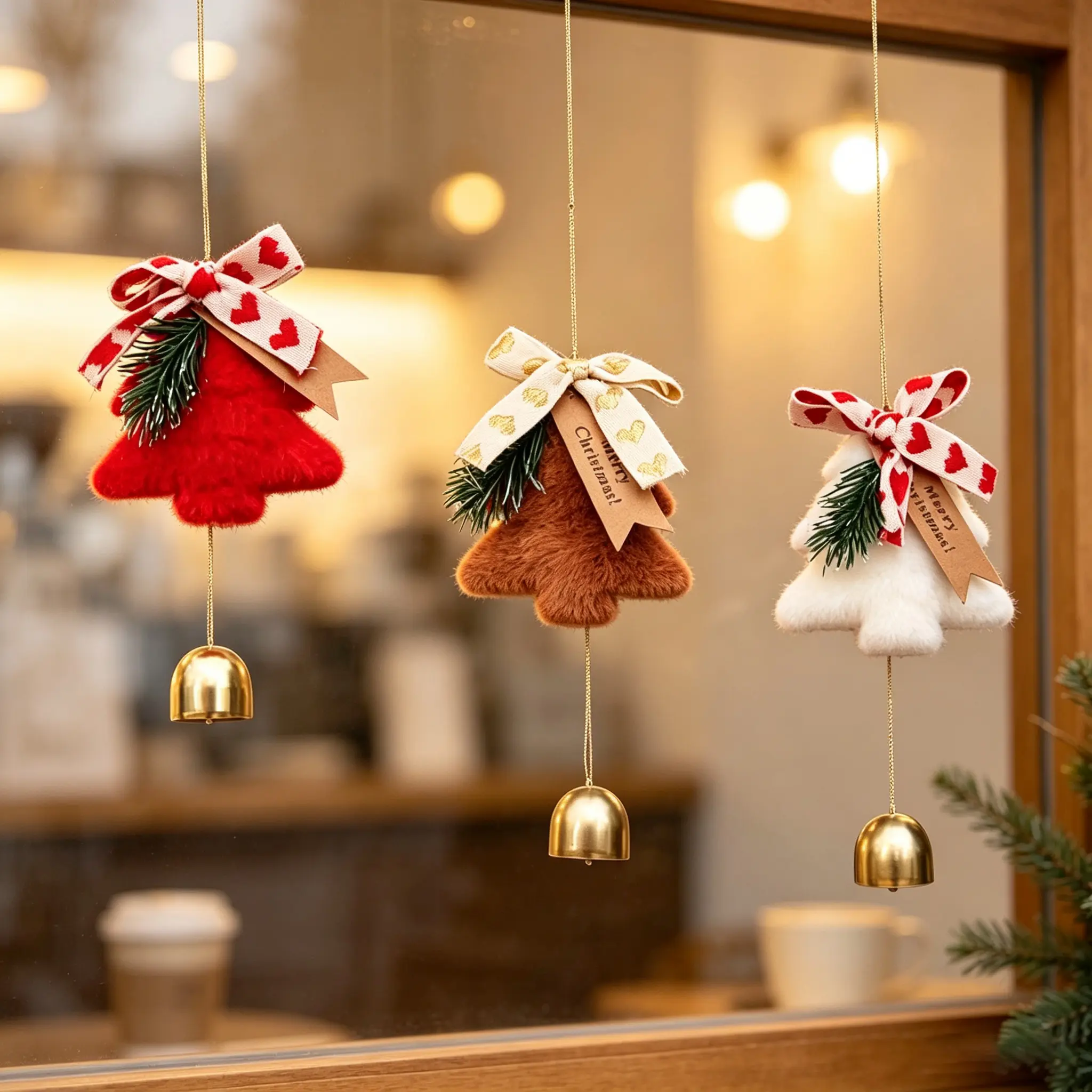 3-Piece Christmas Bow with Bell Set—Gold Decorative Bell & Plush Ornament; Suitable for Indoor/Outdoor Home, Car, Bag, and Party Decor (Red, Khaki, White)