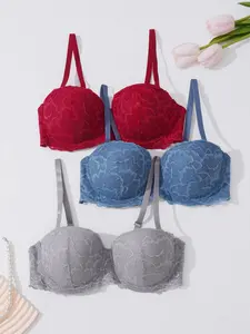3/6pcs Women's Lace Bra with Underwire, Anti-Sagging Lingerie, Max Support, Boho Style, Bohemian, Fitted, All Seasons, Plain Pattern