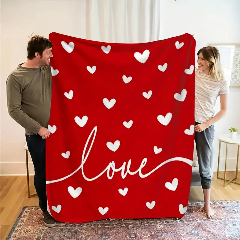 Valentine's Day Heart Print Fluffy Cotton Blend Blanket - Lightweight Ultra-Soft Flannel Throw, Pink & Red Plush, Ideal for Girlfriend, Suitable for Sofa & Bed, 2026 Home Decor