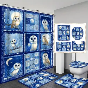 Owl Plaid Shower Curtain Set with Hooks, Non-Slip Bath Mat, U-Shaped Rug, Toilet Seat Cover, Bathroom Accessories, Home Decor