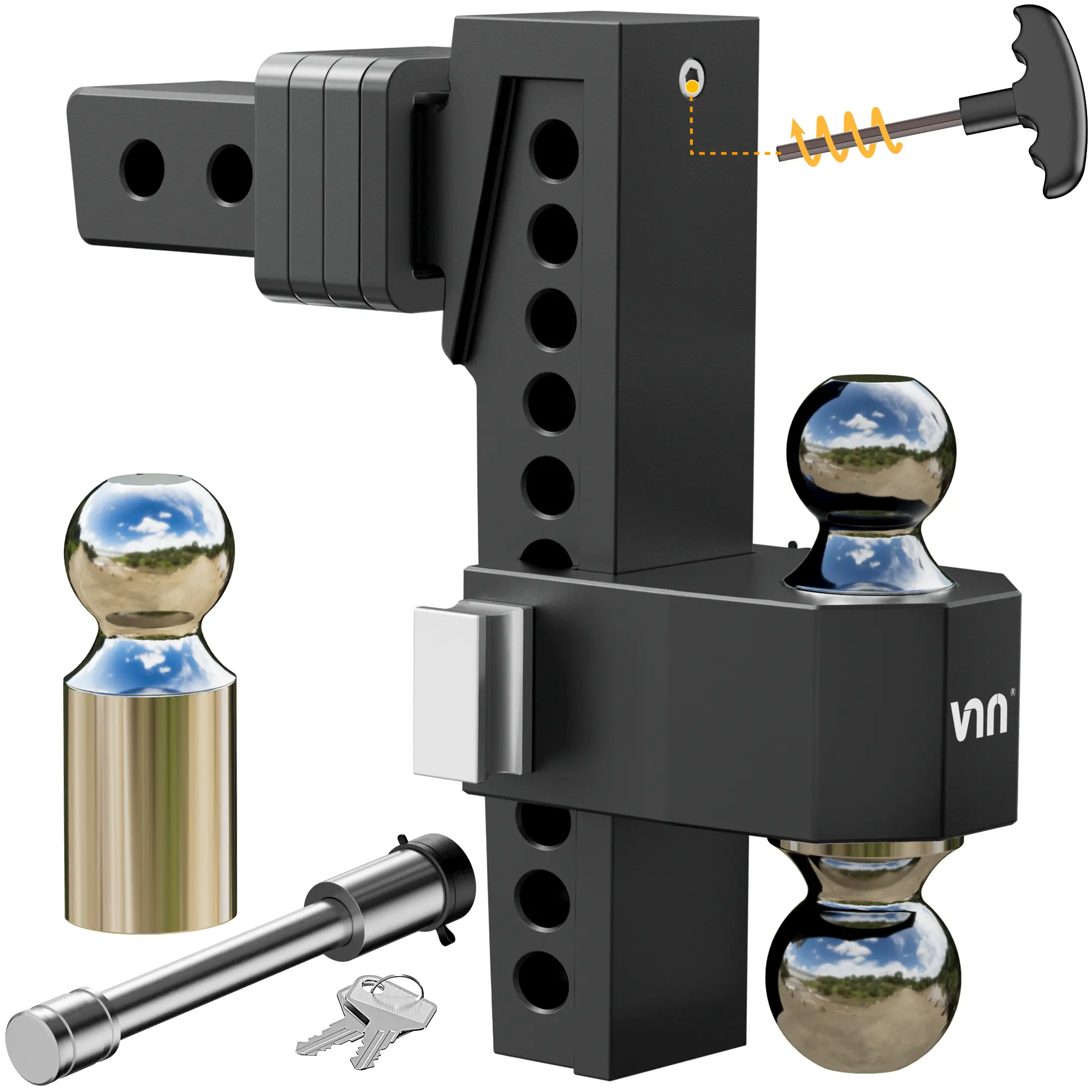 VNN （6-10 ）Inch Drop Hitch 2 Inch Receiver - Interchangeable 3 Solid Ball Mount 1-7/8", 2", 2-5/16"(15,000 LBS GTW), Heavy Duty Aluminum Adjustable Trailer Hitch with Pads and Locking Sets, Black