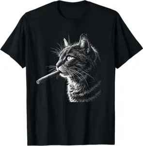 Cat Smoking Cigar Cigarette, Funny Smoker Hipster Black T-Shirt