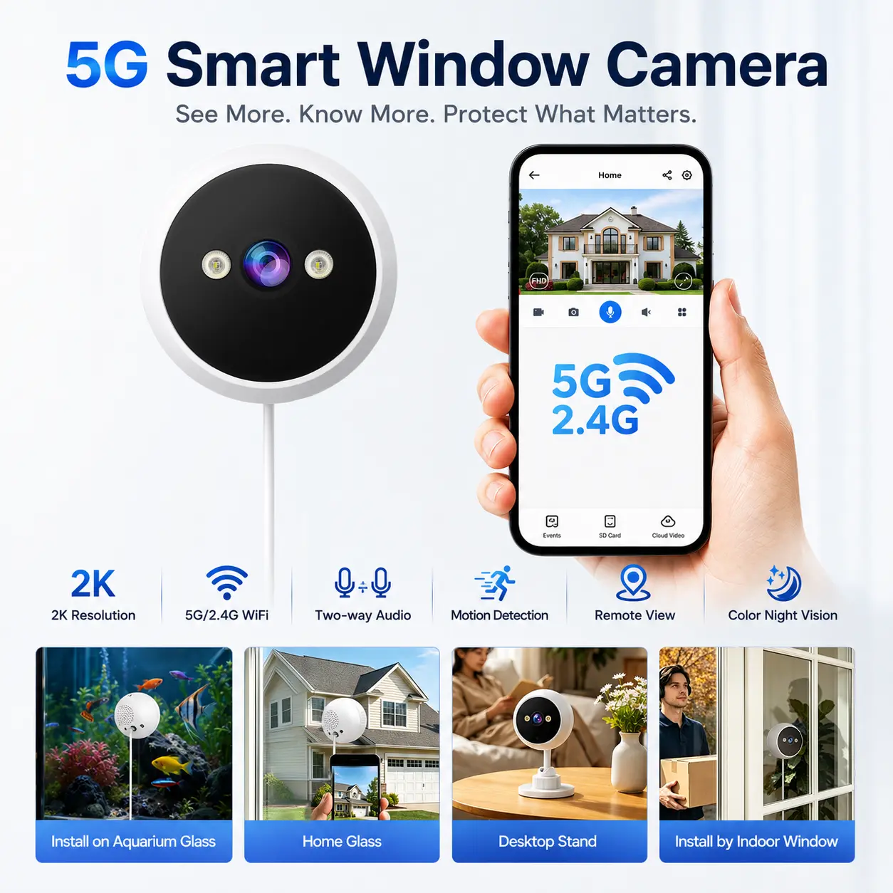 【Breaking The Price-100PCS】JOOAN Window Cam 2.5K 2.4GHz/5GHz WiFi Security Camera Glass-Mount No-Drill Installation, Clear Outdoor View Through Window, Color Night Vision, AI Motion Detection, Magnetic Installation, Angle Mount Included, Indoor/Outdoor