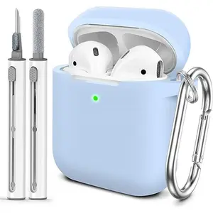 AirPods Case Cover, Come with Cleaner Kit, Soft Silicone Protective Cover with Buckle, Compatible with Apple AirPods 2nd 1st Generation Charging Case, Front LED Visible, Sky Blue