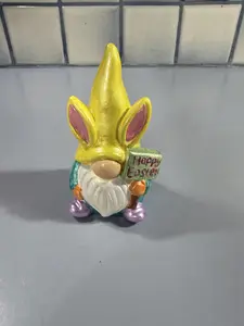 One-of-a-Kind Hand Painted Easter Bunny Gnome with Shimmering Metallic Colors and Happy Easter Sign