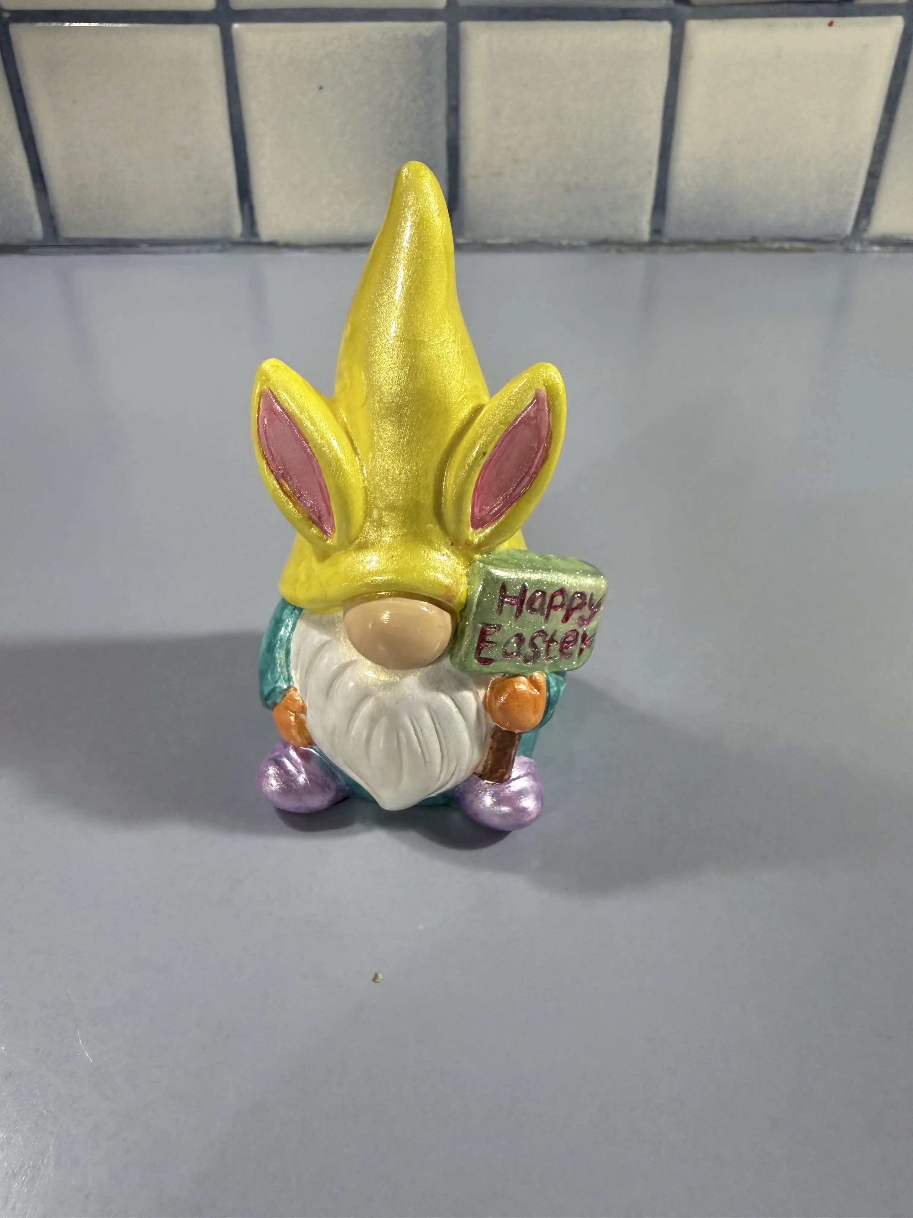 Handmade Sealed Hand-Painted Ceramic Bunny Gnome Figurine - Long-Lasting, Shimmering Metallic Colors, Decorative Hat, Happy Easter Sign, Home Decor Ornament, Easter Gift