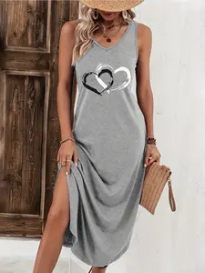 2026 Summer New European and American Cross-Border Casual Vacation Sleeveless Heart Print Tank Dress, Trendy and Comfortable Fashion