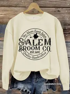 Women's Casual Salem Broom Co Graphic Pullover Sweater, Soft Long Sleeve Round Neck Sweatshirt, Comfortable Daily Wear
