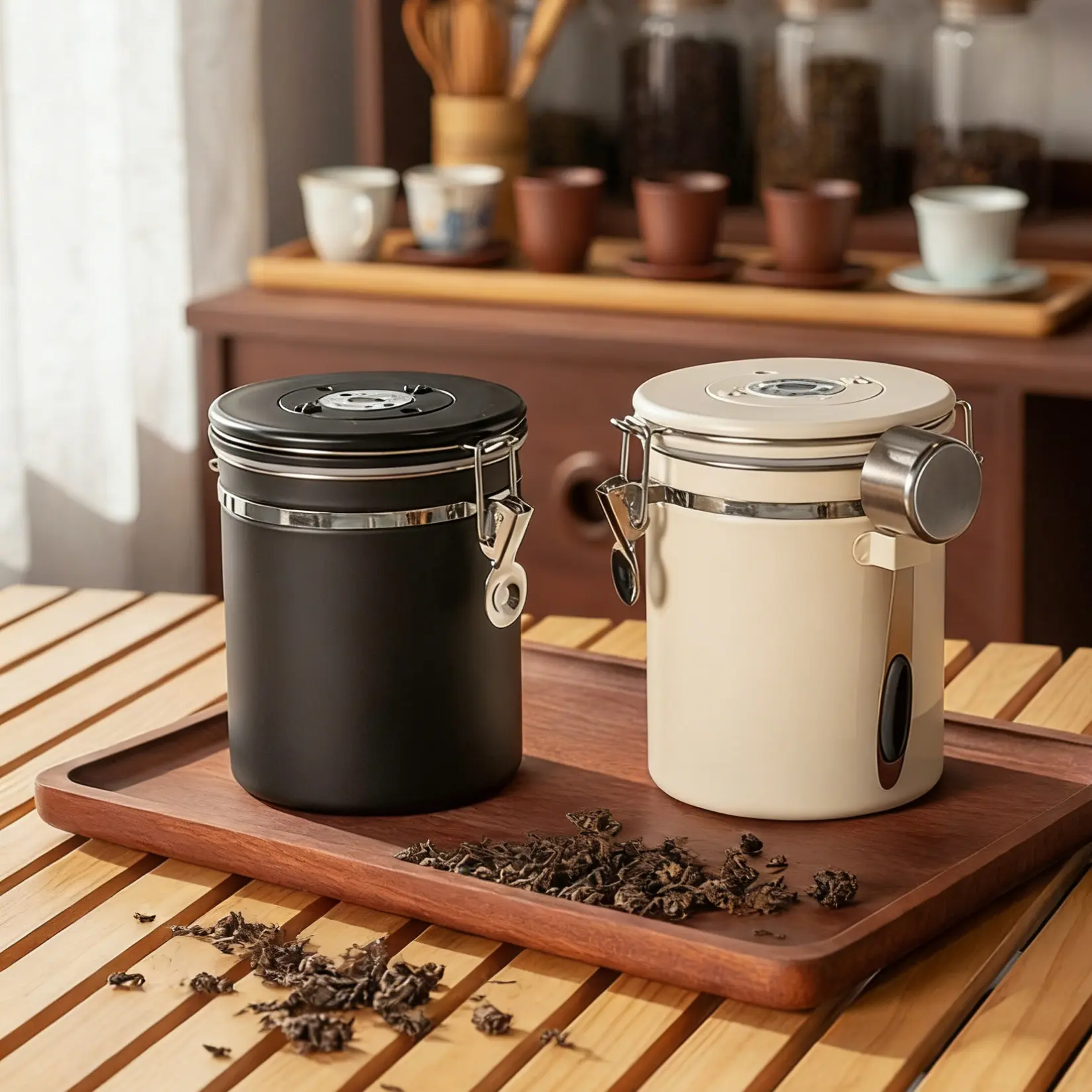 2-Pack 22oz Stainless Steel Airtight Coffee Canister(Matte black + off-white) – Food Storage Containers with Date Monitor & Measuring Scoop – Preserve Coffee Beans, Ground Coffee, Tea, Sugar, Cereal