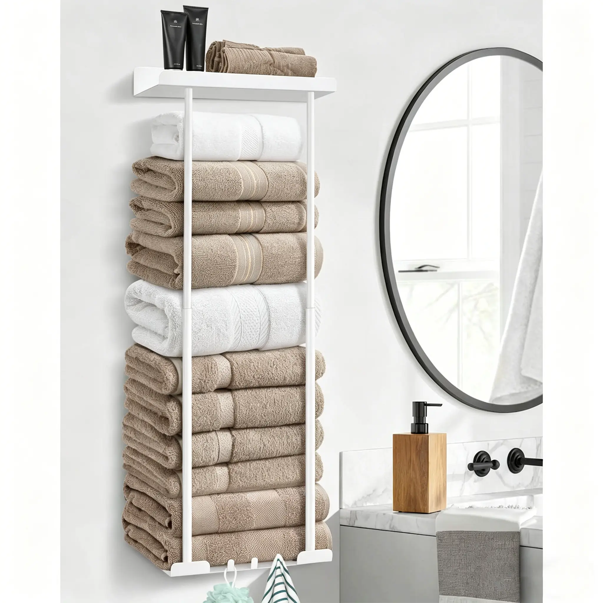 Bathroom Towel Storage Rack Wall Mounted 30 inch with Shelf Holds 6 Large Towels Black Rust Proof Durable Metal Pole for Spas Salons and Bathrooms