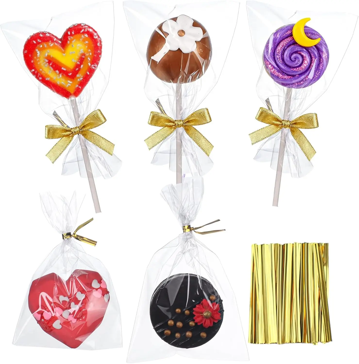 100 Pcs Cellophane Treat Bags 3x5 Inch with 100 Twist Ties - OPP Plastic Cake Pop Bags for Lollipop, Candy, Chocolate, Cookie Wrapping & Buffet