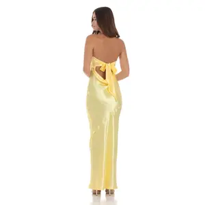 Strapless Satin Open Back Maxi Dress in Yellow