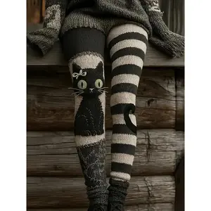 Women’s Halloween cat print skinny pants — striped design featuring a green-eyed kitten; slim-fit long pants for fall/winter parties, themed events, and casual outfits; cozy stretchy tights (no belt loops); can be worn with a raincoat.