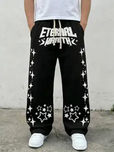 Y2K Gothic Star Bubble Print Sweatpants, Drawstring Waist Loose Fit Straight Leg, High Street Trendy Style for Skateboarding, Music Festivals