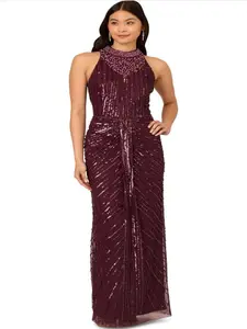 Adrianna Papell Beaded Halter Gown Deep Amethyst Sz 16 NWT $306