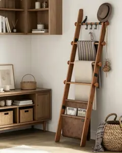 5-Tier Wooden Blanket Ladder for Living Room, Farmhouse-Style Decorative Ladder Storage Shelf, Multi-Purpose Blanket Holder with Faux Leather Pouch, Metal Hangers and Side Hooks, Ideal for Bedroom & Home Use, Caramel Brown Finish