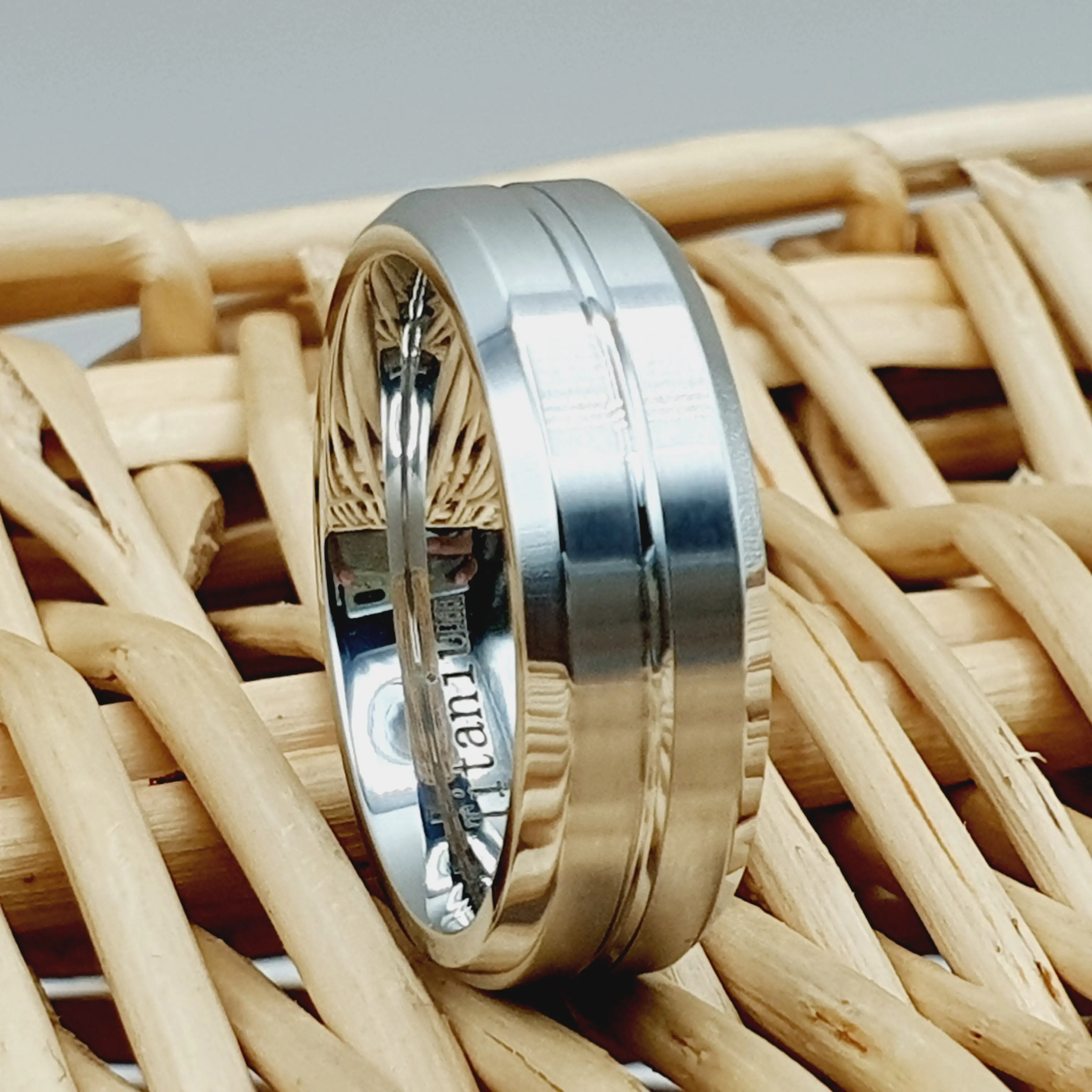 Men's White Titanium Wedding Ring with Domed Brushed Center Step Edge - 7mm Titanium Band
