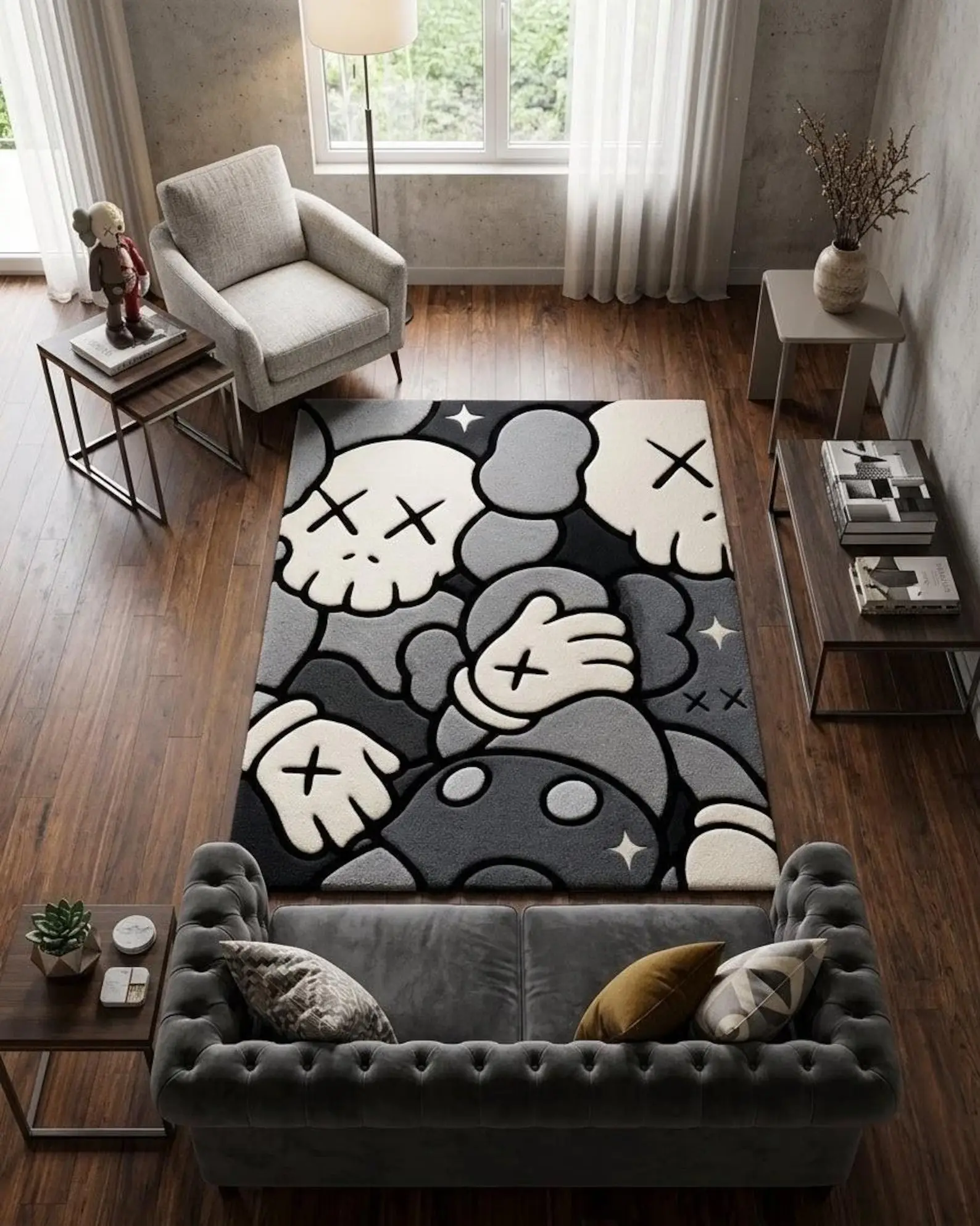 Hand-Tufted Monochrome Street Art Area Rug - Abstract Cartoon Modern Graphic Urban Style Black White Living Room Carpet