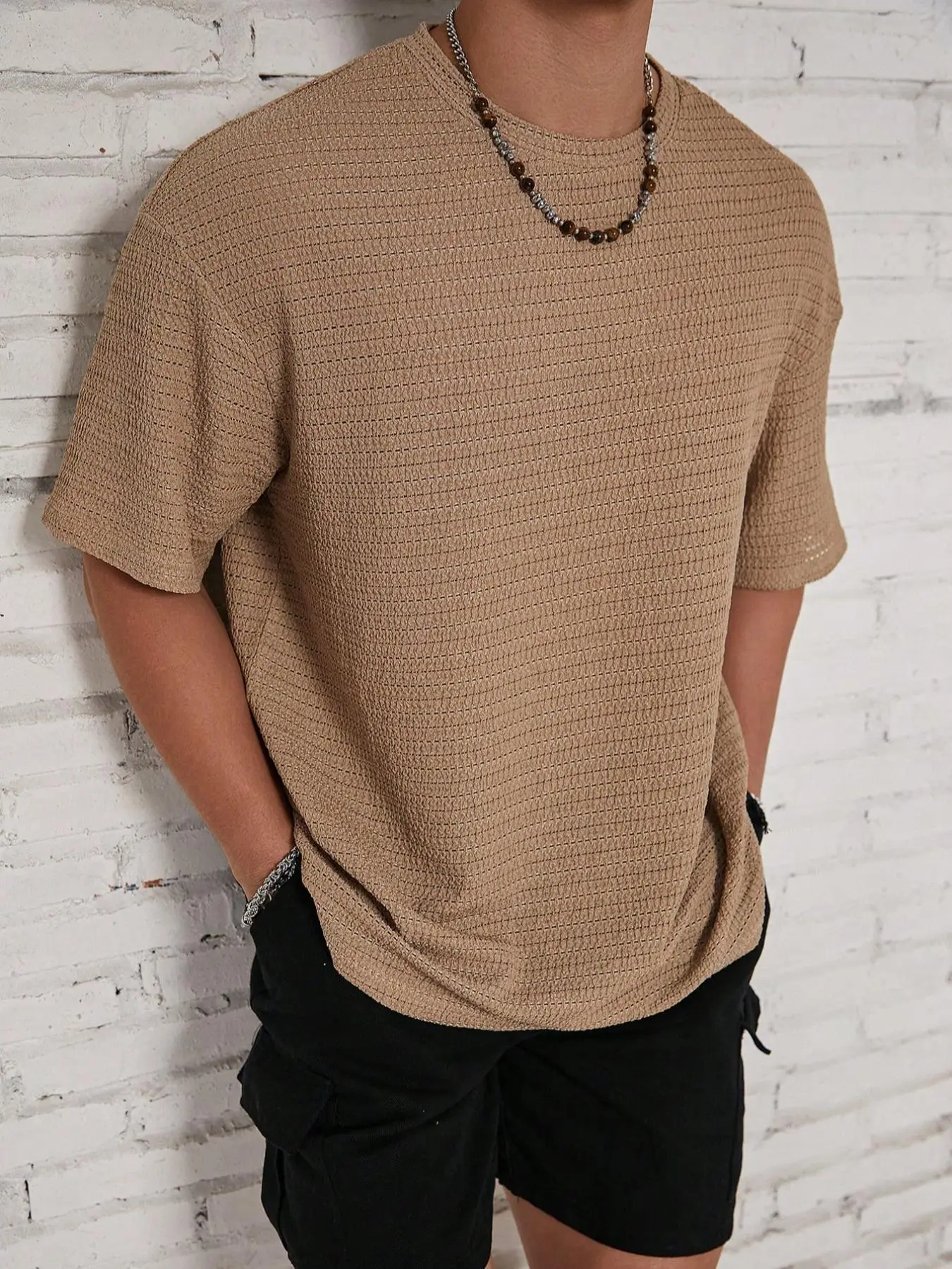 Men's Solid Color Hollow Out Drop Shoulder Tee, Regular Fit Casual Short Sleeve Round Neck T-Shirt for Summer, Men's Knitting Top for Daily Wear