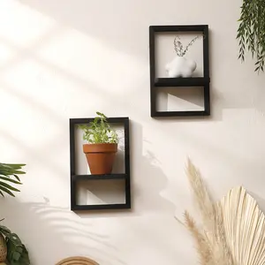 Bohemian Style Wooden Wall Shelf, Square Floating Storage Rack, Wall Mounted Shelf, Home Decor, Plant and Photo Display, Country Design, Easy Installation