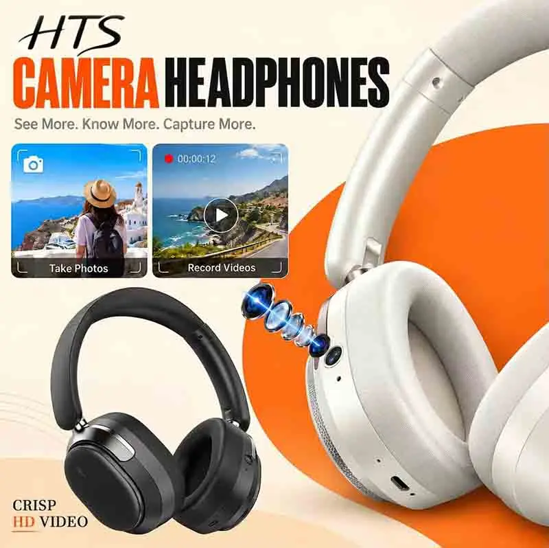 HTS Wireless Camera Headset with Built-in 8MP HD Camera, Photo & Video Recording, Bluetooth Connectivity, AI Translation, Object Recognition, Smart Assistant, Stereo Sound, Hands-Free Calls, Cool Tech Gifts for Halloween, Christmas, Camera Built-In