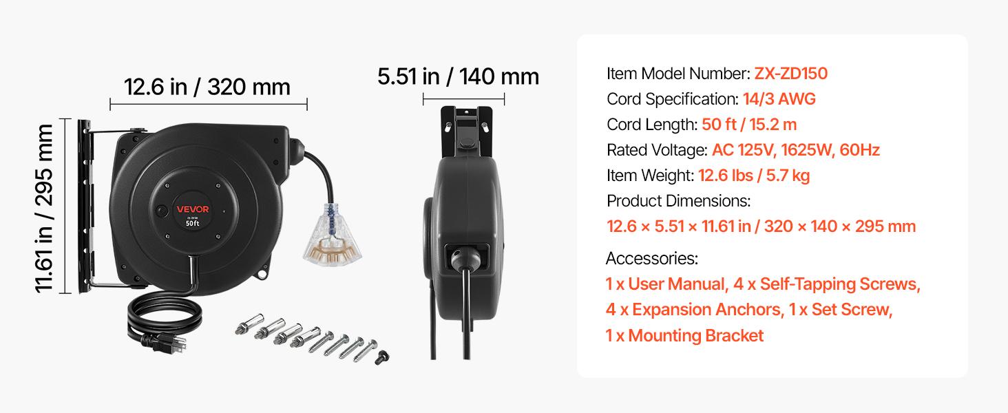 VEVOR Retractable Extension Cord Reel - 50FT Heavy Duty 14AWG/3C SJTOW Black, Ceiling Mount, Wall Mountable, 13A Circuit Breaker, Automatic Retraction, Lighted Triple Tap, 180° Swivel Bracket