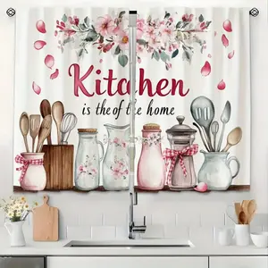 Set of 2 Floral Semi-Blackout Curtains for Room Decor, Featuring a Bowknot Kitchenware Print. Each Curtain Measures 28X40 Inches And Has a Rod Pocket Design, Ideal for Small Windows in Cafes, Shops, Kitchens, And Bathrooms. They Are Machine Washable panel