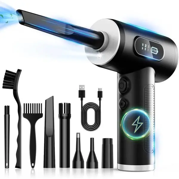 Compressed Air Duster, Rechargeable Cordless Electric Air Blower | 3-Gear Adjustable, 100000RPM, Smart LED Display, LED Light, Keyboard, PC, Car, Home Cleaning, Replaces Canned Air, Black