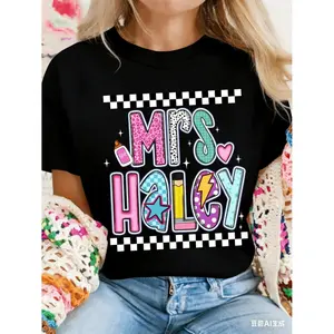 Mrs Haley Teacher T shirt Back to School Gift Groovy Retro Colorful Educator Appreciation Present Leopard Print Star Polka Dot Checkerboard Pencil Glue Fun Tee