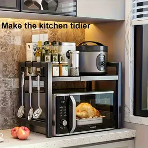 Double-layer Microwave Oven Storage Rack - Space-saving Vertical Kitchen Countertop Storage Rack with 6 Hooks, Made of Stainless Steel, Suitable for Microwave Oven Storage, Vertical Design