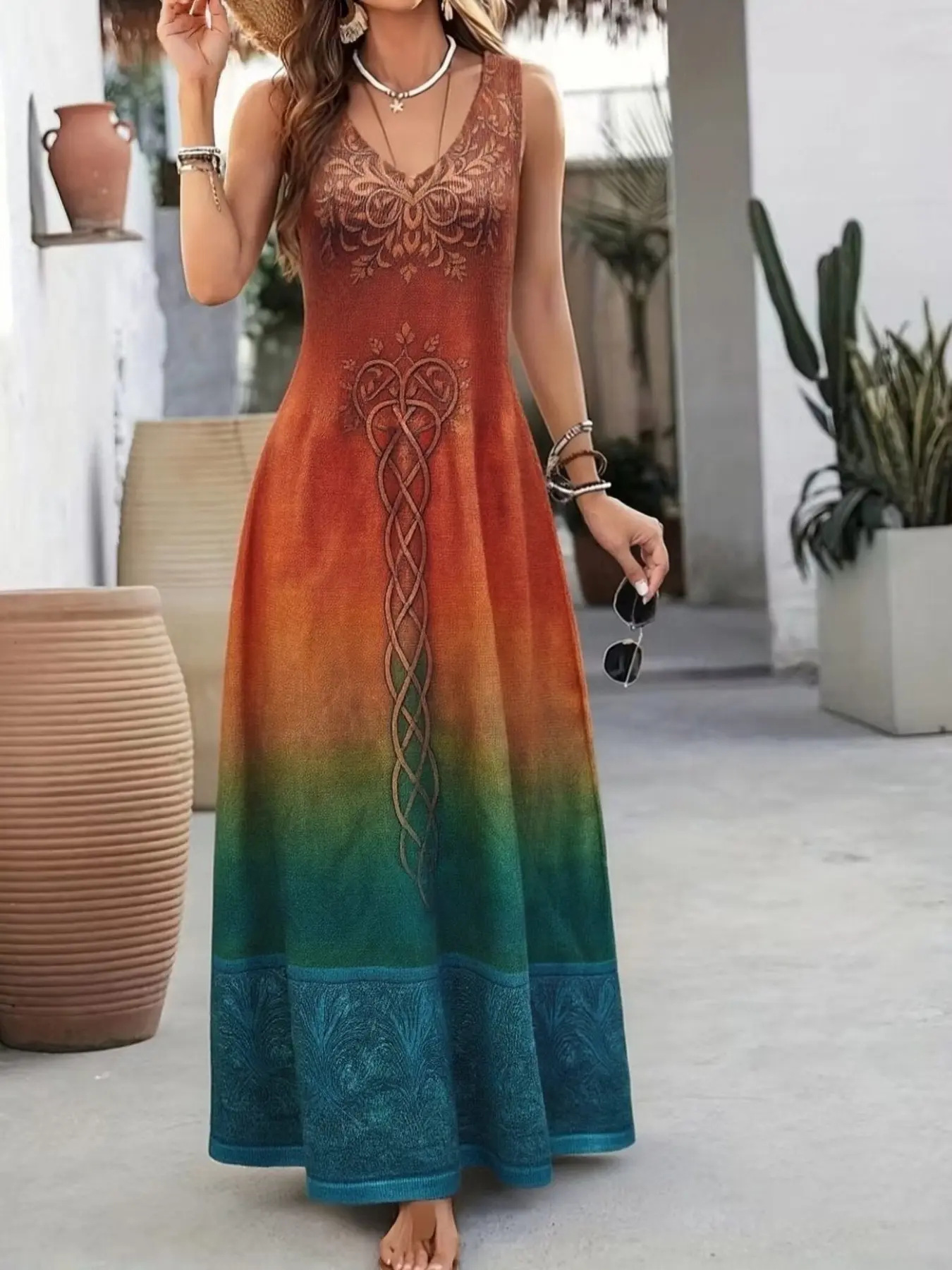 Elegant Women's Knit Sweater Dress, Printed Life Tree Design, V Neck Sleeveless Dress, Daily Wear, Casual Wear, All Seasons Fashion, Gradient