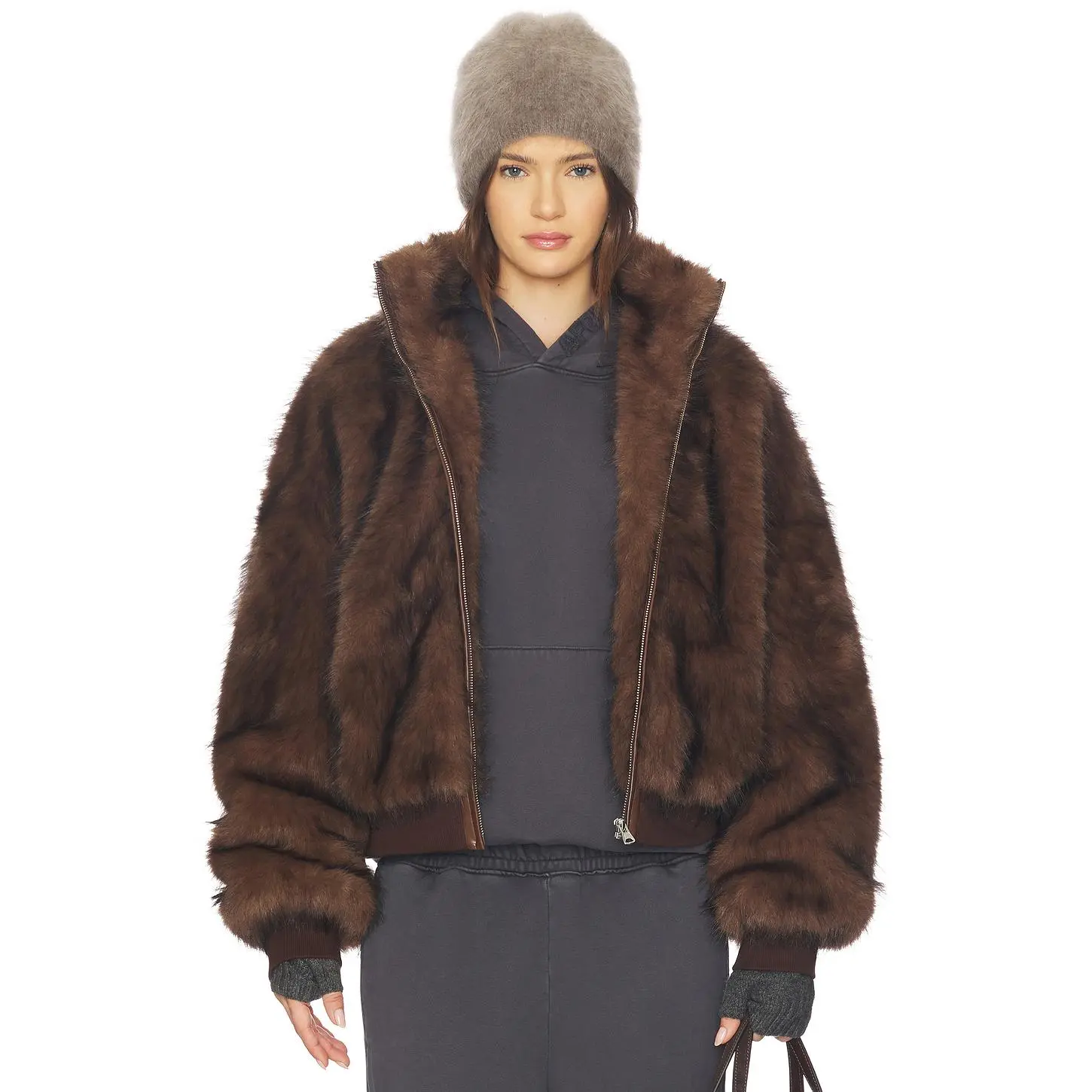 MARRKNULL Hooded Fur Coat in Brown