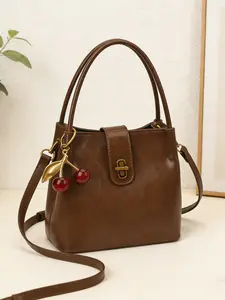 Retro simple and exquisite cherry pendant fashionable bucket bag, light luxury niche texture shoulder bag, personality classic versatile shoulder bag, simple classic design suitable for daily commuting, shopping and dating, PU Tote Satchel.